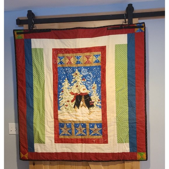 Christmas Snowman 48x49 Lap Quilt Handmade Colorful Bunny Owl Cardinal Peace Joy